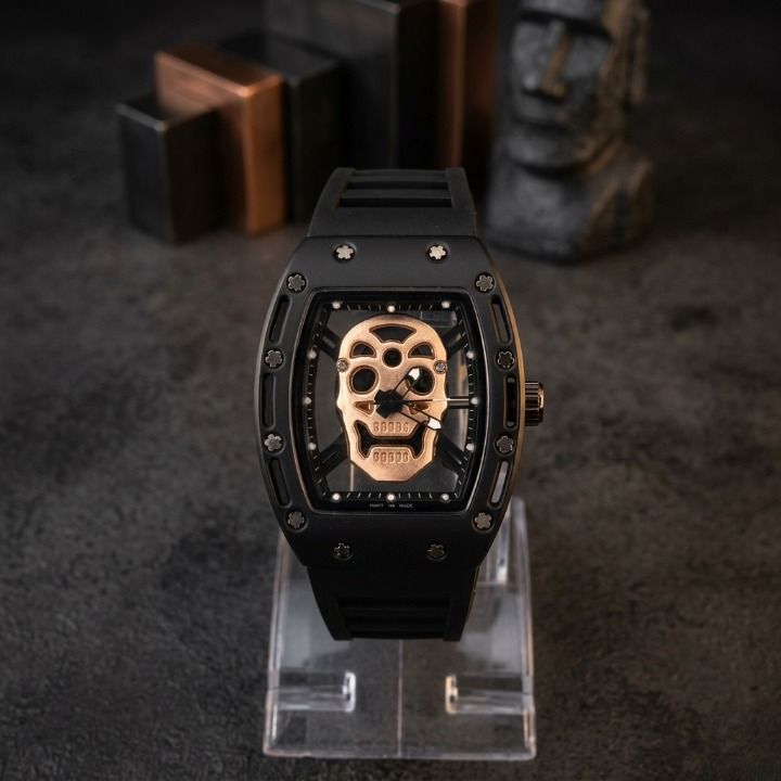 Luxury Non-Waterproof Skull Skeleton Concept Watch – Bold Tonneau Case with Sporty Silicone Strap (Without Box) - Black
