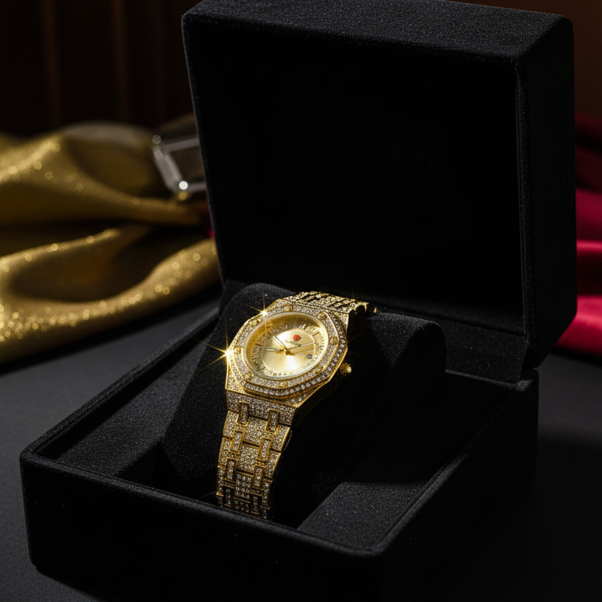 Luxury Gold Diamond-Studded Wrist Watch – Premium Designer Style Quartz Watch for Men & Women (Without Box)