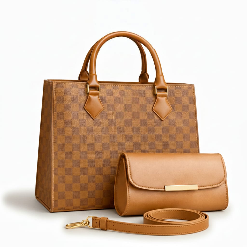 CHECKERED BROWN LATHER HANDBAGS 2-PCS