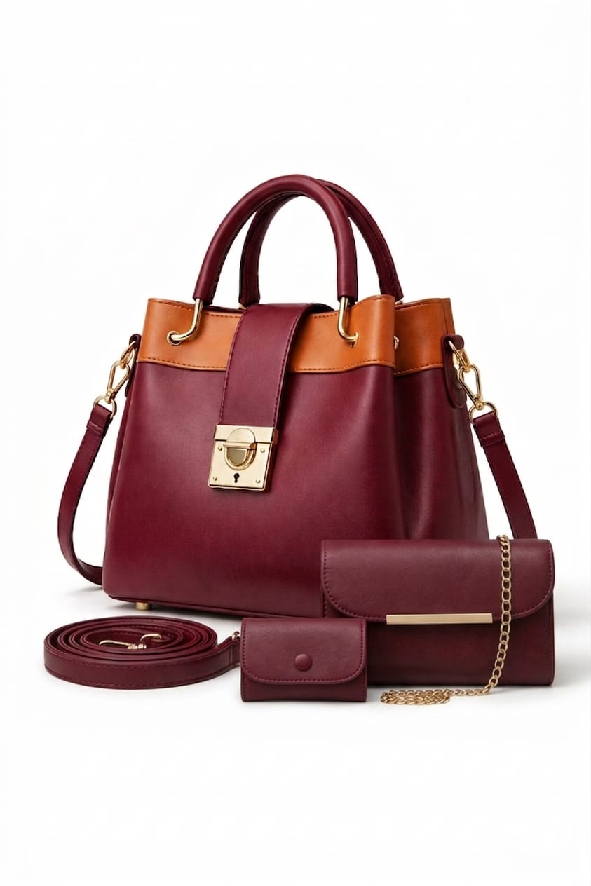 3-PCS  V- LOCK  PREMIUM LEATHER HANDBAGS