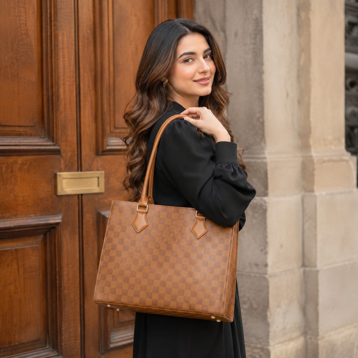 CHECKERED BROWN LATHER HANDBAGS 2-PCS