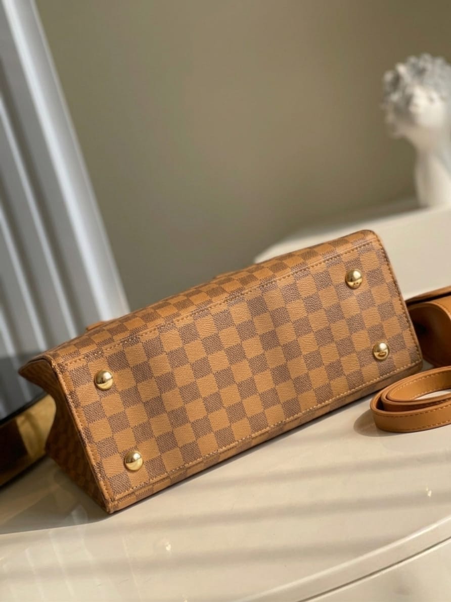 CHECKERED BROWN LATHER HANDBAGS 2-PCS